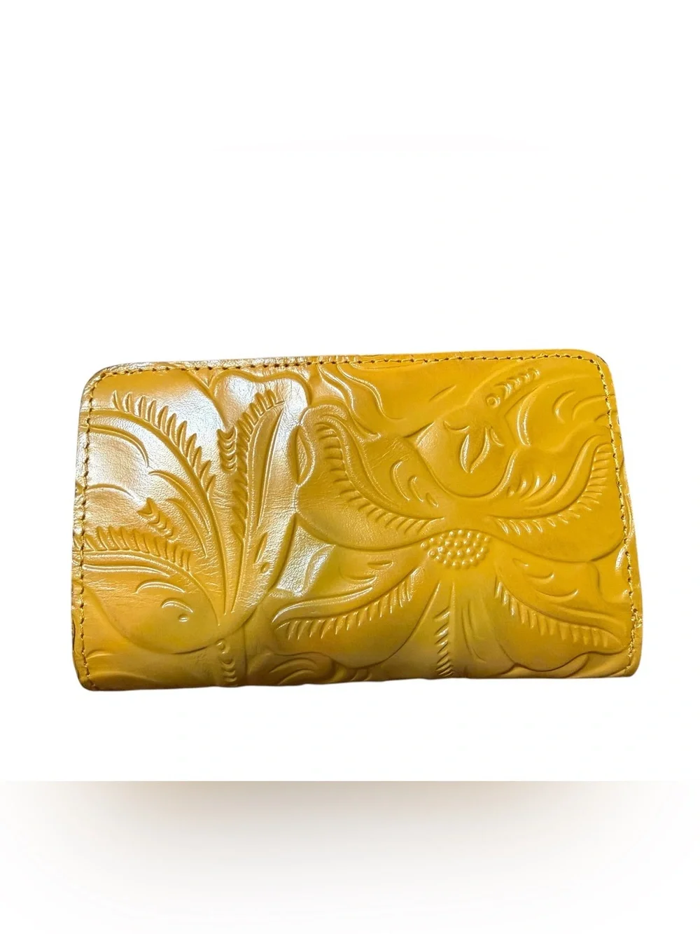Patricia Nash Tooled Leather Mustard Yellow RFID Bifold Zip Wallet Floral Card